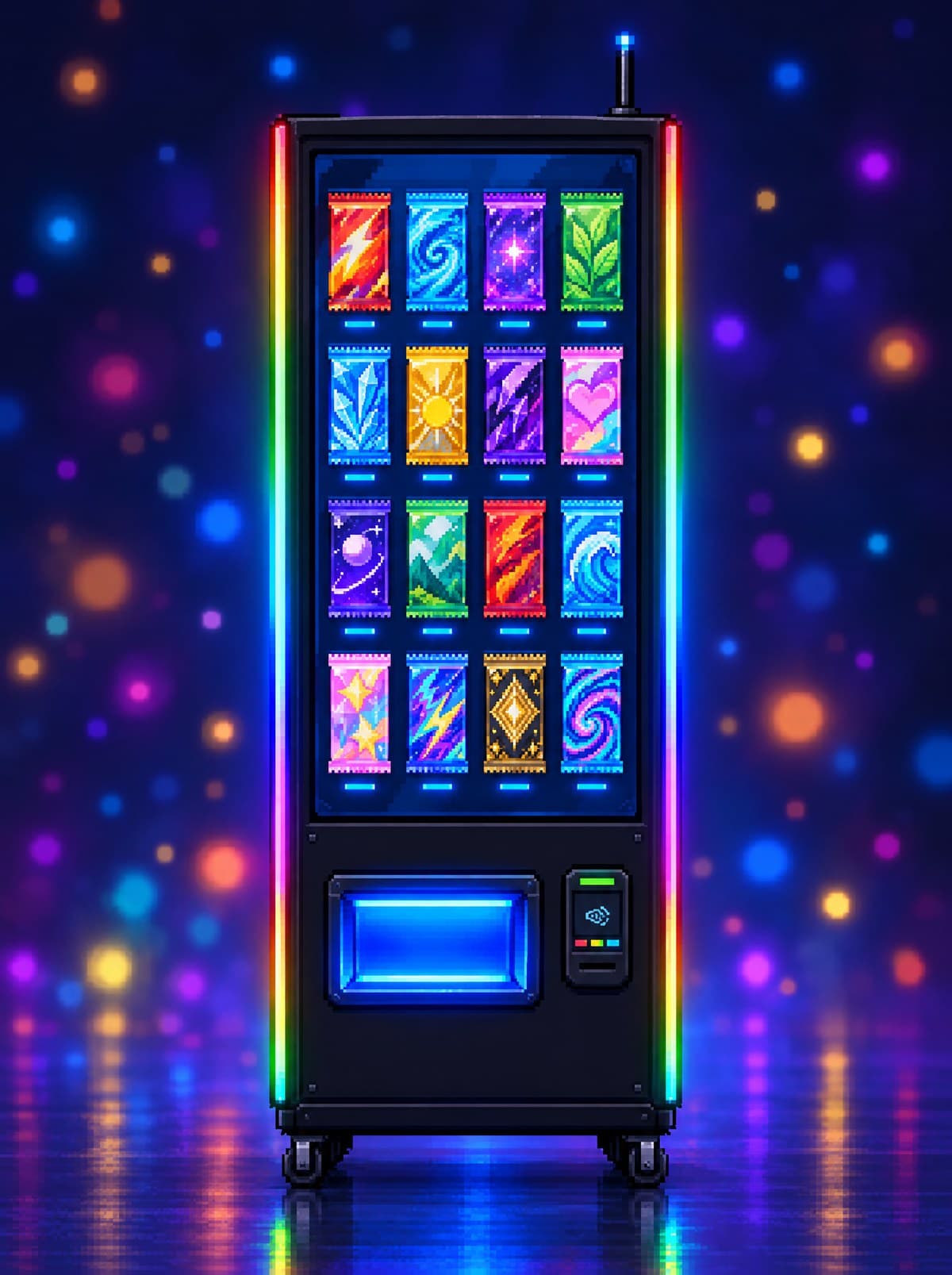 8-bit illustration of a VendWorks trading-card vending machine